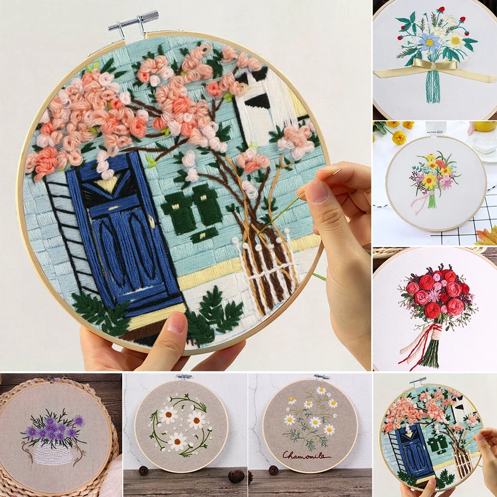 Flower Pattern Cross Stitch DIY Needlework Kit Beginner Embroidery Starter Set DIY Fabric Art Embroidery Flower Material Package