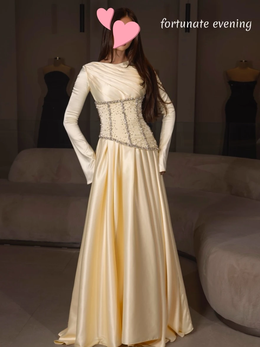 

Fortunate Evening Elegant Vintage Sweet Champagne Pearls Beads Satin Customized Formal Occasion Prom Dress Evening Party Gowns