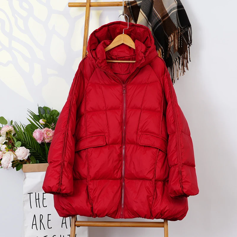 Schinteon Women White Duck Down Jacket with Hood Autumn Winter Warm Outwear Casual Loose Over Size Outwear Korean Style Coat New