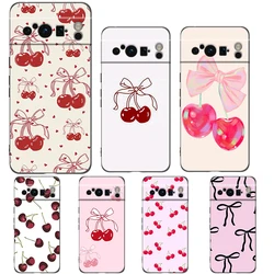 Phone Case For Google Pixel 9 8 8A 7 7A 6 Pro XL 6A 5G Black Soft Shockproof Back Cover TPU Shell Cute Cherry Bow