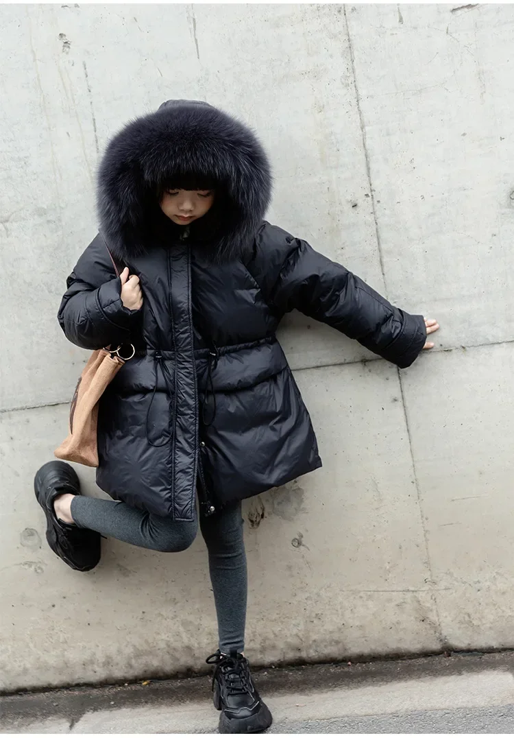 

Winter New Girls Down Jacket Real Fox Fur Children Snow Coat Thicken Warm Kids Outfit Teenage Black Long Parkas XMP198