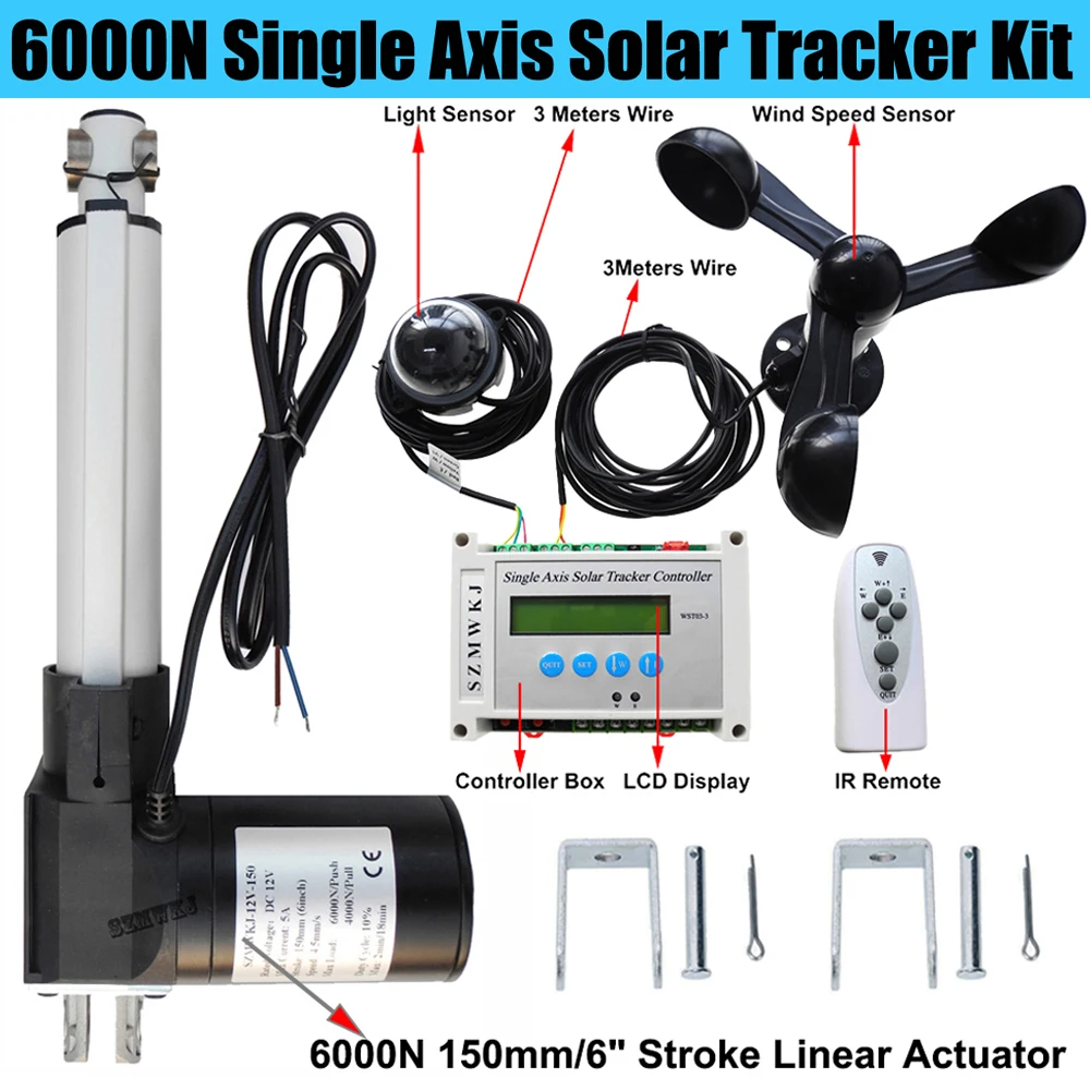 

Solar Tracking 6000N 6" Linear Actuator W/ Anemometer W/ LCD Single Axis Solar Tracker Controller W/ Light Sensor Complete Kits