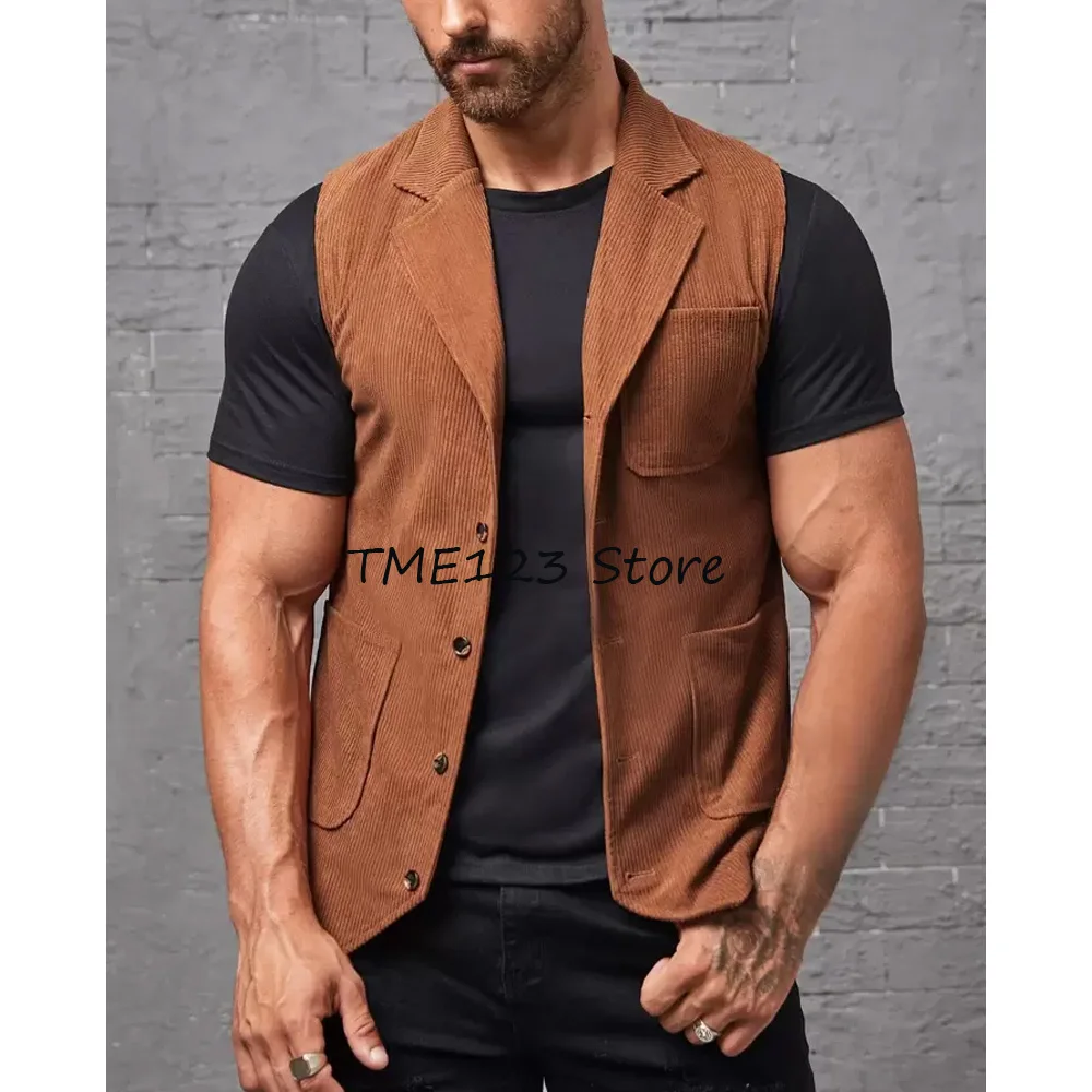 

Однобортный рабочий жилет для мужского костюма из вельветовой ткани, повседневные и универсальные жилеты с тремя карманами, элегантный мужской жилет, модный