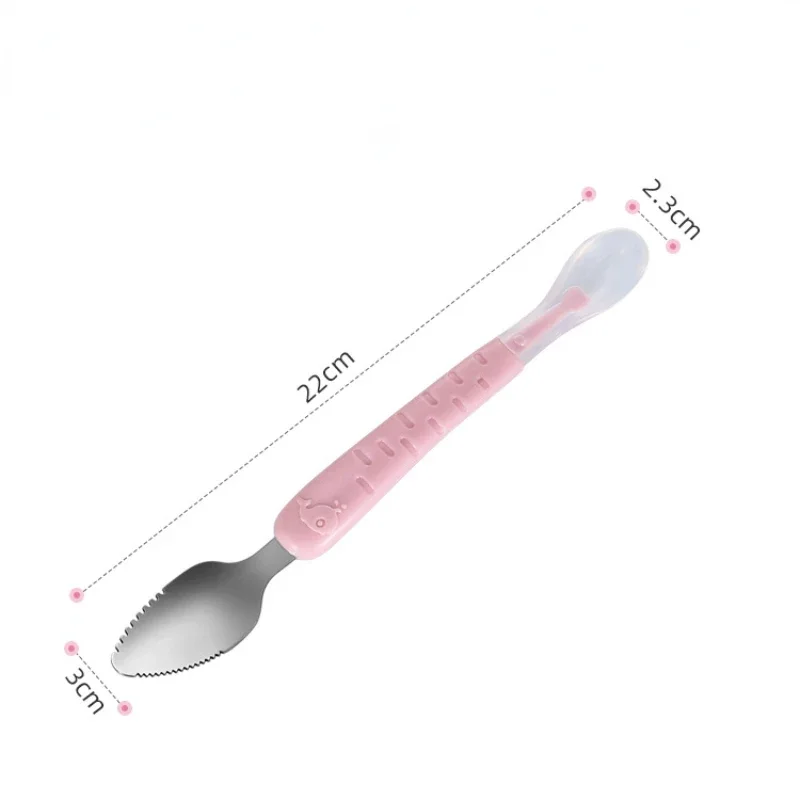 Baby Double Head Silicone Stainless Steel Children Utensil Toddler Infant Food Eating Fruit Scraping Mud Spoon Feeding Tableware