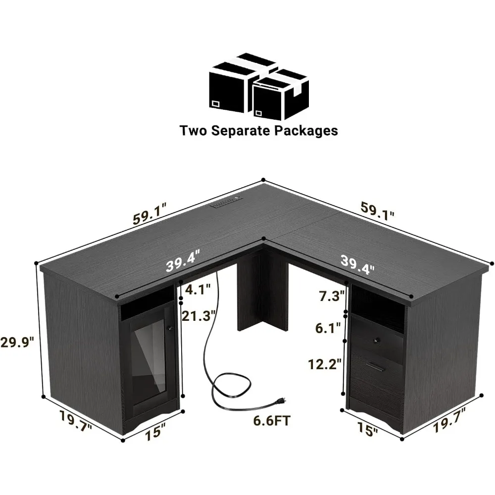 Bureau d'ordinateur de 60 pouces en forme de L, meuble de rangement avec égouts de proximité et prise électrique, port de chargement USB