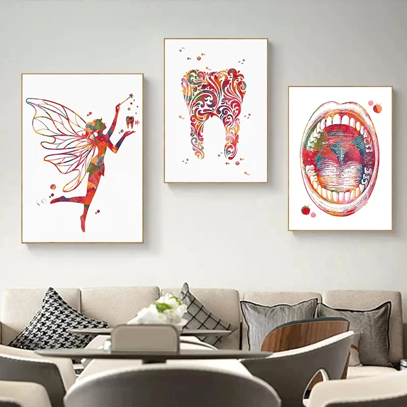 Teeth Implant Watercolor Canvas Painting Tooth Fairy Dental Art Poster Dentist Anatomy Print Wall Pictures Hospital Clinic Decor