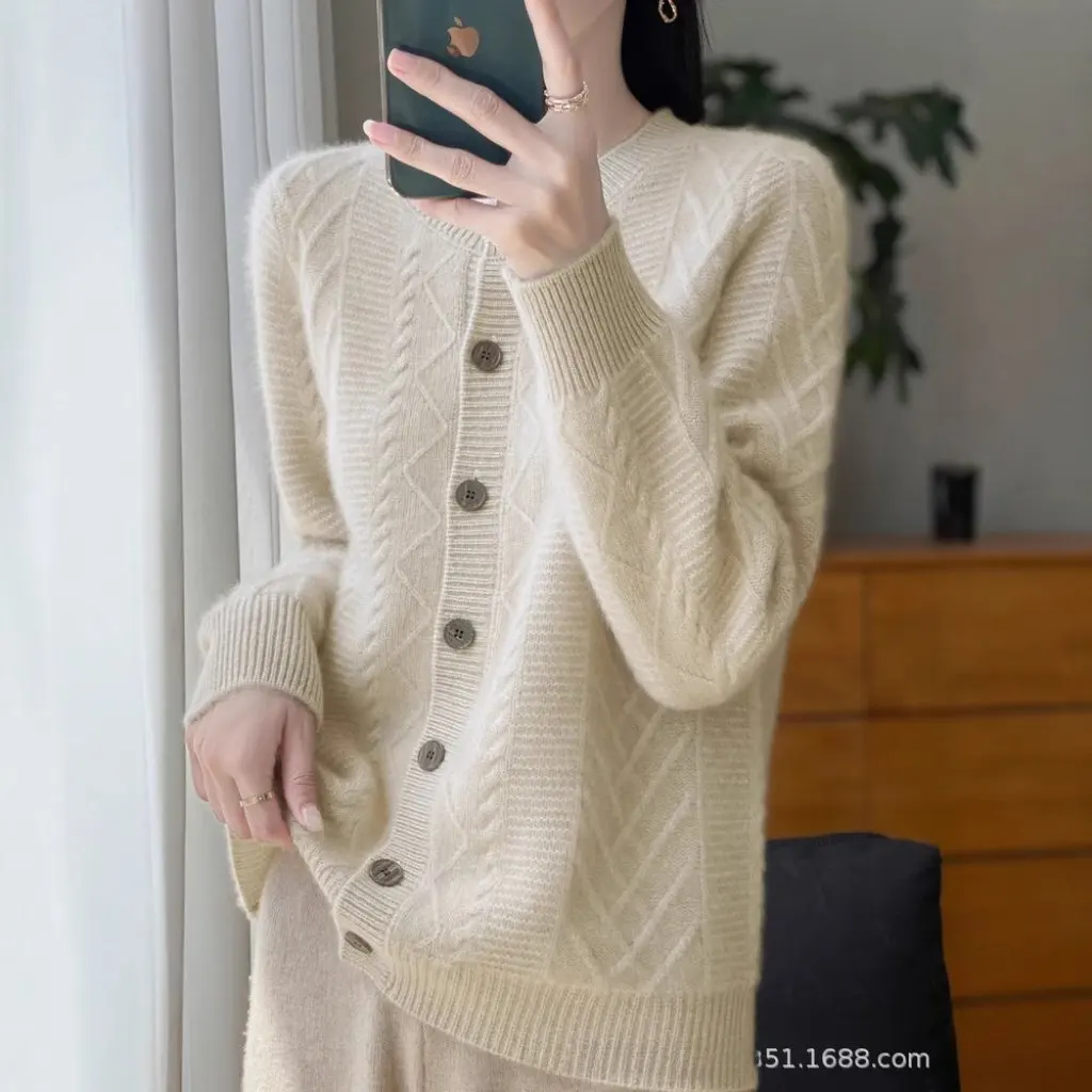 

Women's Wool Cardigan round Neck Solid Color Knitted Sweater Thickened Twisted Flower Design for Autumn Winter New Seven-stitch