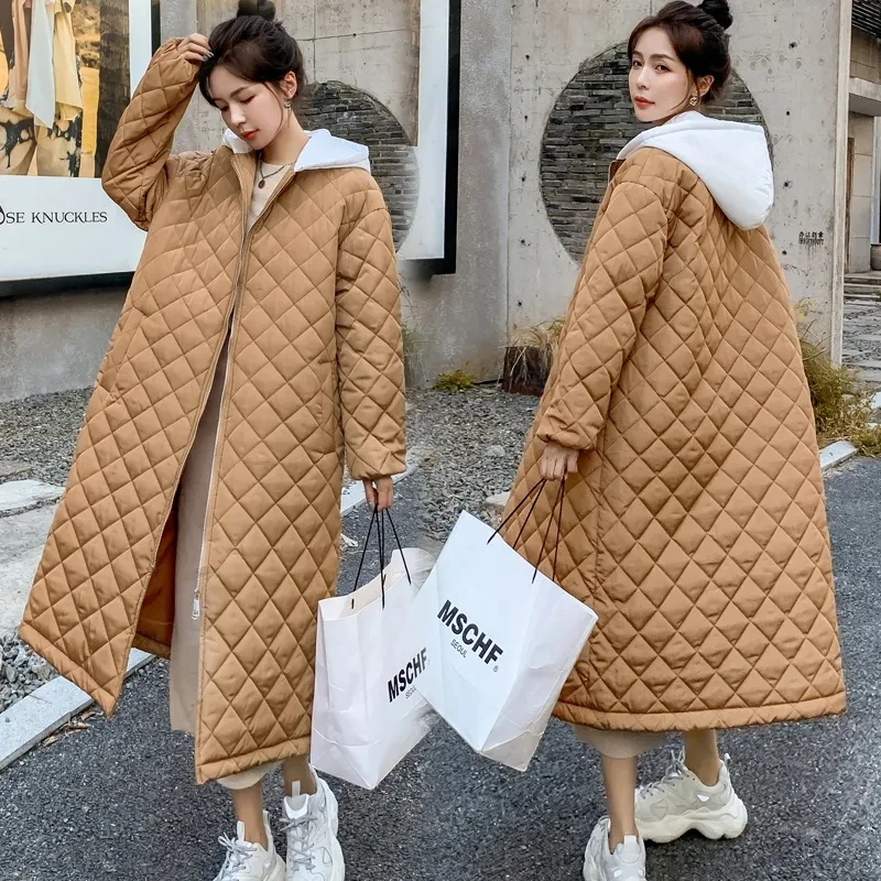 

Khaki New Women's Quilted Jacket 2024 Autumn/Winter Korean Loose Cotton Long Overcoat Female Patchwork Hooded Coat Casual Wear