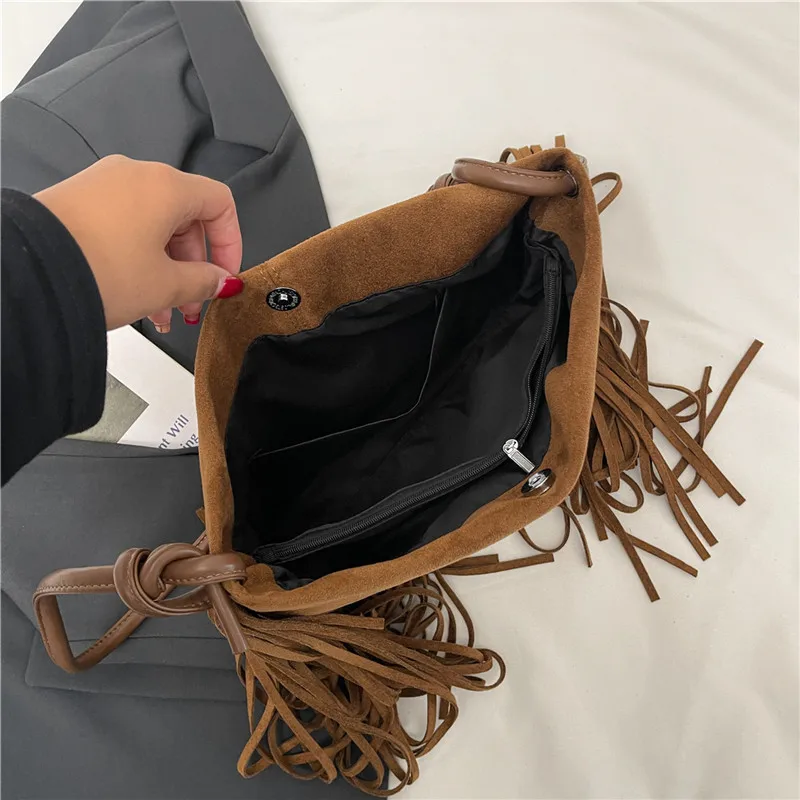 العصرية طويلة شرابة حقيبة كتف المرأة خمر الجلد المدبوغ حقيبة يد ومحفظة الإناث عالية السعة Crossbody حمل حقيبة ريترو كيس الرئيسي #4