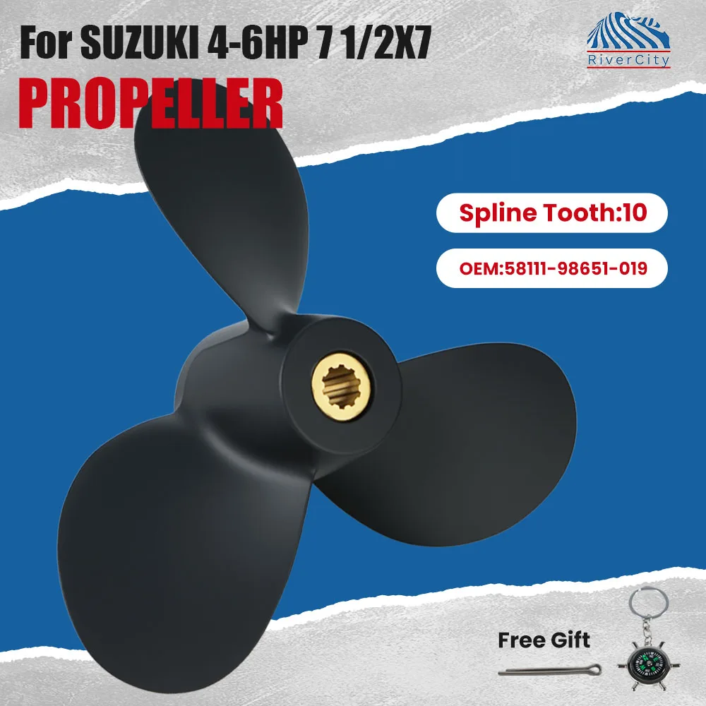 Boat Propeller 7 1/2x7 for Suzuki 4HP 5HP 6HP Outboard Engine Aluminum Alloy Screw 3 Blade 10 Spline Tooth 58111-98651-019