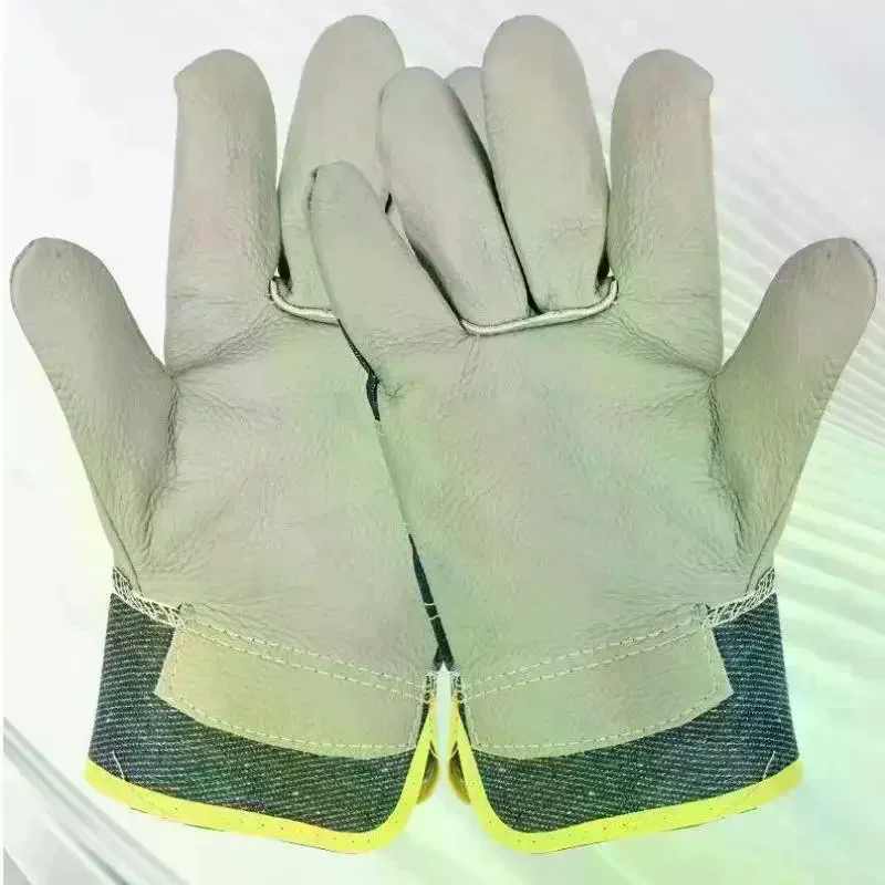 1 Pair Wear-resistant Welder Maintenance Gloves Cowhide Denim Gloves Double Thickened Protective Labor Protection Gloves