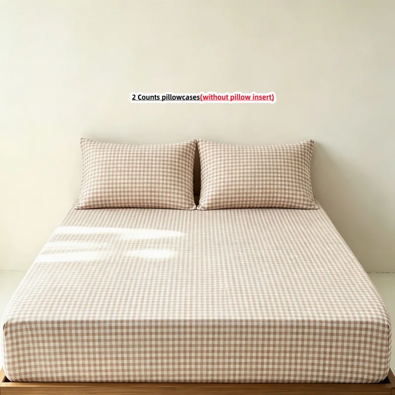 3Pcs Plaid Fitted Bed Sheet With Elastic Band Anti-slip Adjustable Mattress Cover (Pillowcase without pillow core))