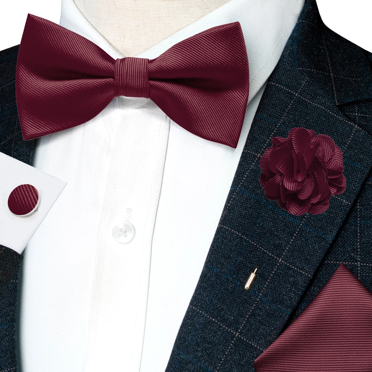 Hochzeits-Fliege für Herren, einfarbig rosa, vorgebundene Fliege, Einstecktuch, Manschettenknöpfe, Corsage-Set, Party, Business, Seiden-Schmetterlingsknoten, Geschenk – Detail 17
