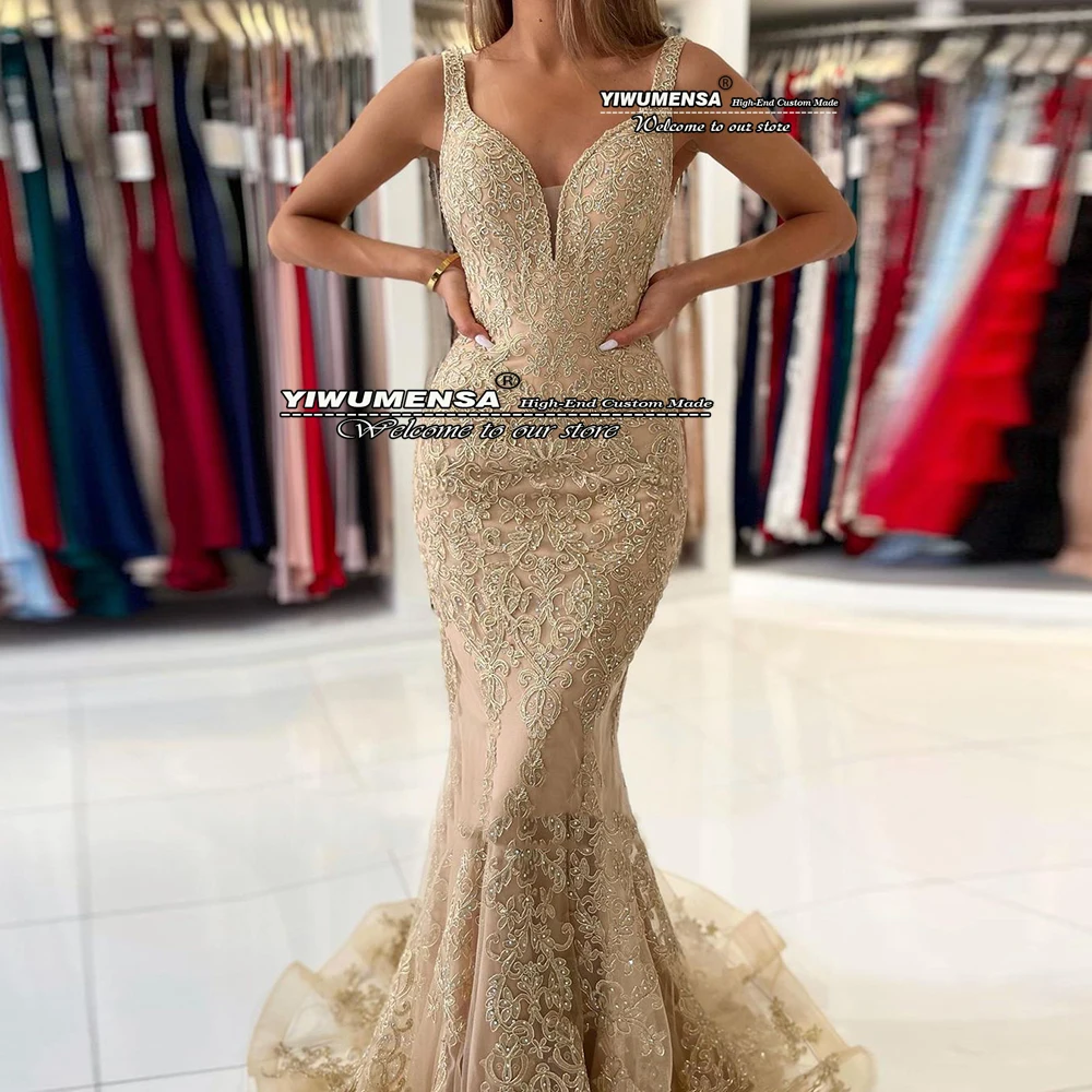 Robe de bal de forme sirène, style champagne, grande taille, bretelles Spaghetti, sans manches, dos nu, Robe de soirée formelle, Robe de Cocktail pour femmes