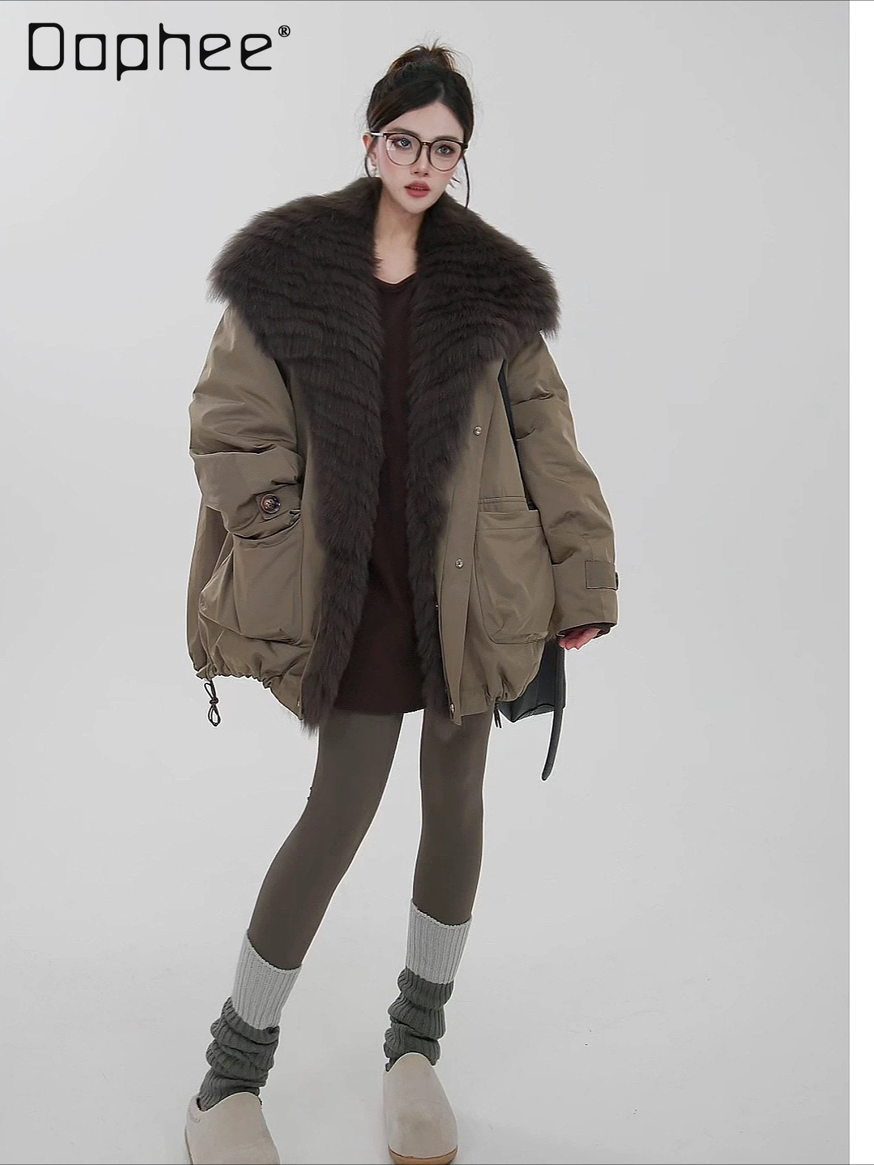 

Korean Style Ins Large Fox Fur Collar Hooded Goose Down Fur Patchwork Parka Winter Fashion Simple Thickened Oversized Fur Coat