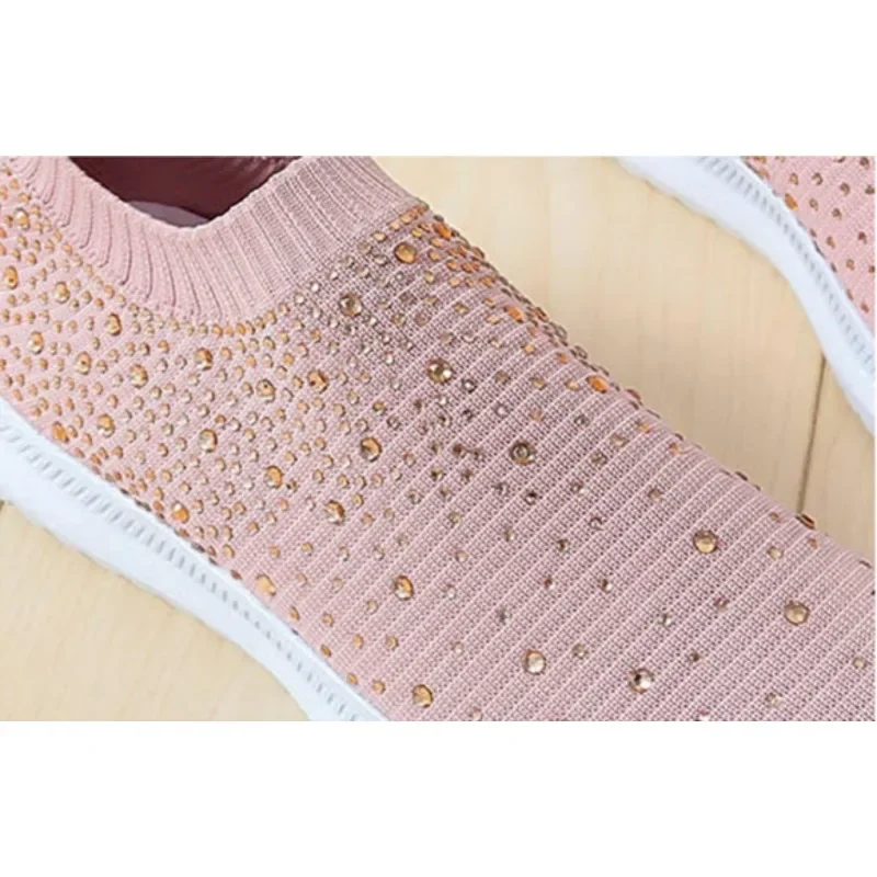 Women\'s Mesh Walking Shoes Rhinestone Glitter Slip On Ballroom Jazz Latin Dance Sock Sneakers Tennis Female Knitted Running Shoe