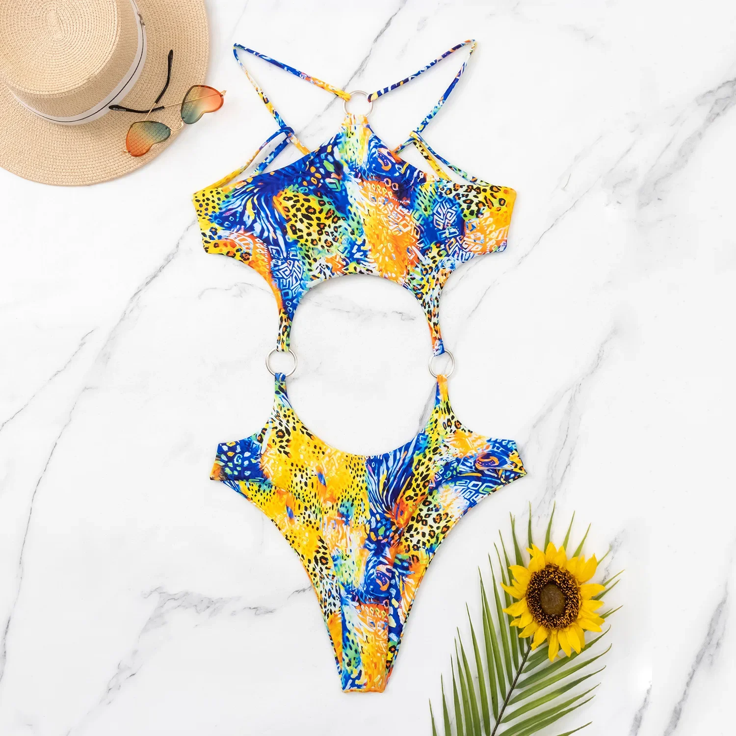 sexy leopard print swimsuit one piece hollow Bikinis Swimwear Swimsuits backless tie metal ring beach outfits bodysuit biquini