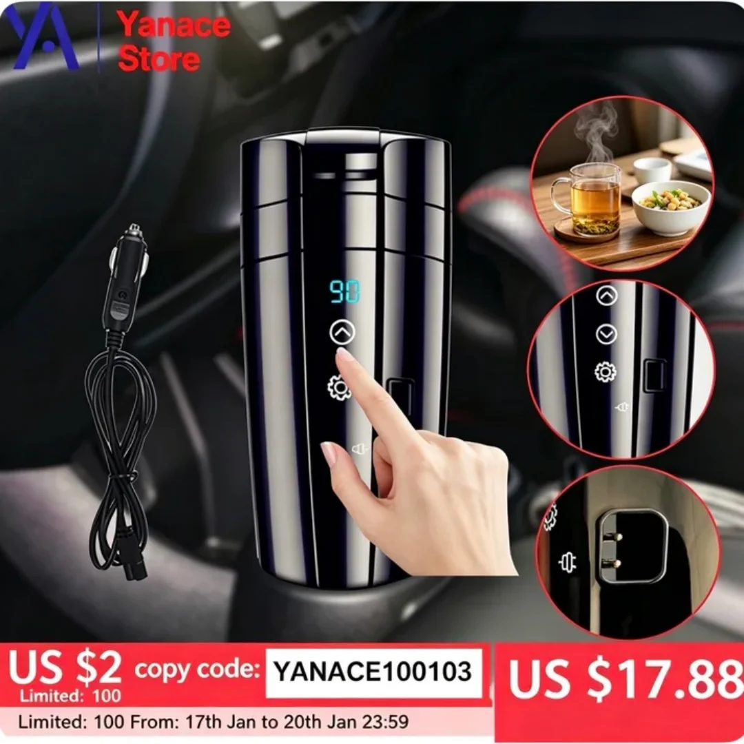 

Yanace 12V Car Electric Heating Cup 350ml Smart Temperature Control Water Boiler for Tea Coffee Travel Camping