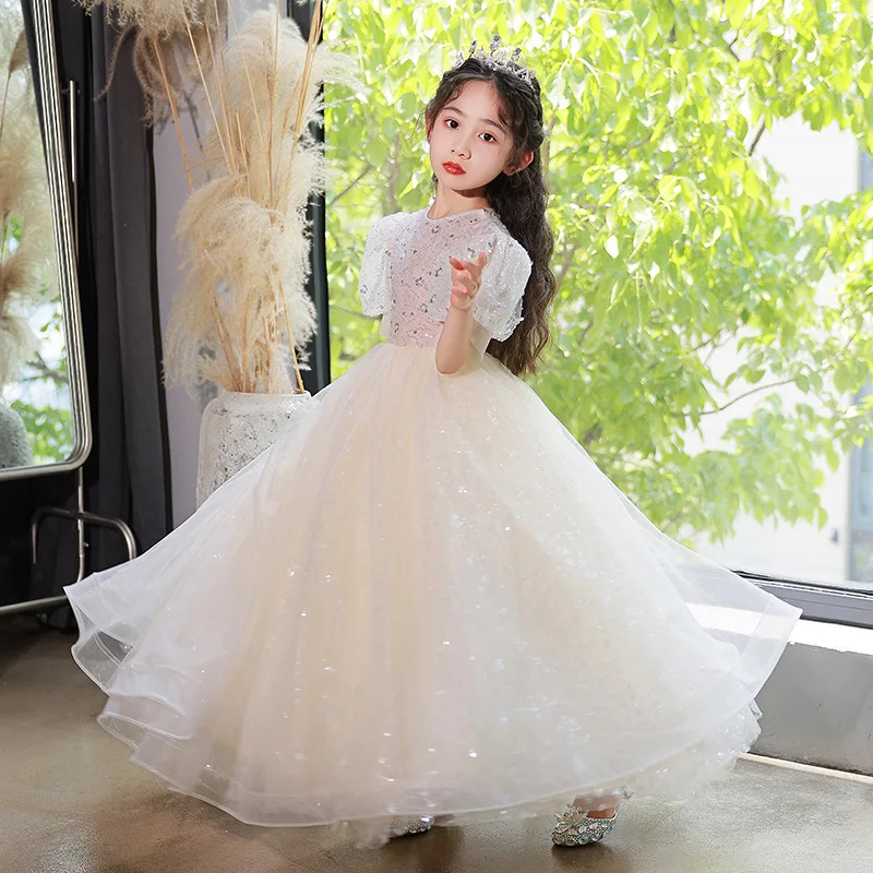 Children\'s Princess Long Skirt Fluffy Yarn Flower Girl Wedding Dress High-end Prom Christmas Easter Host Evening Dress Costume