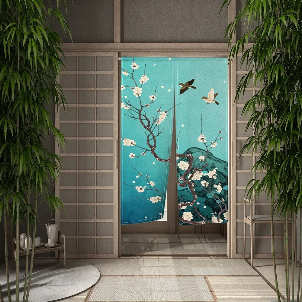 Chinese Traditional Flower Birds Door Curtain Japanese Noren Doorway Curtains Ink Painting Print for Kitchen Partition Curtain