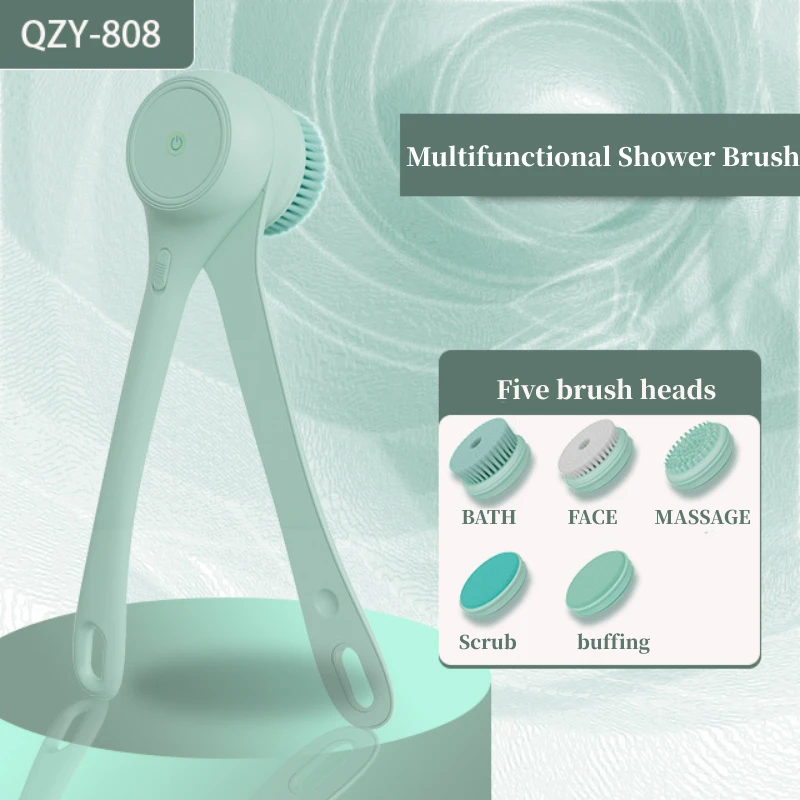 Long Handle Bath Brush - with 5 Brush Heads Powerful Scrubbing, Exfoliating, and Massaging Tool for Bathing, Face Cleansing