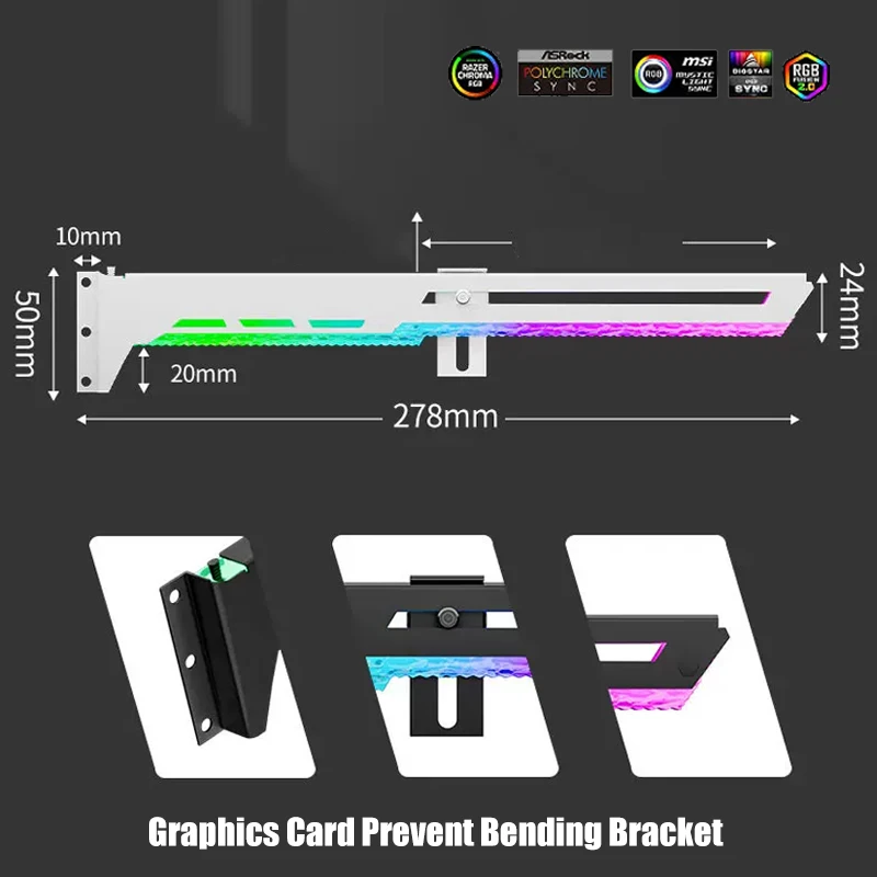 Graphics Card Holder Prevent Bending Bracket ARGB 5V AURA, Diamond Patterned Luminescence Design Horizontal Holder, Black/White - view 2