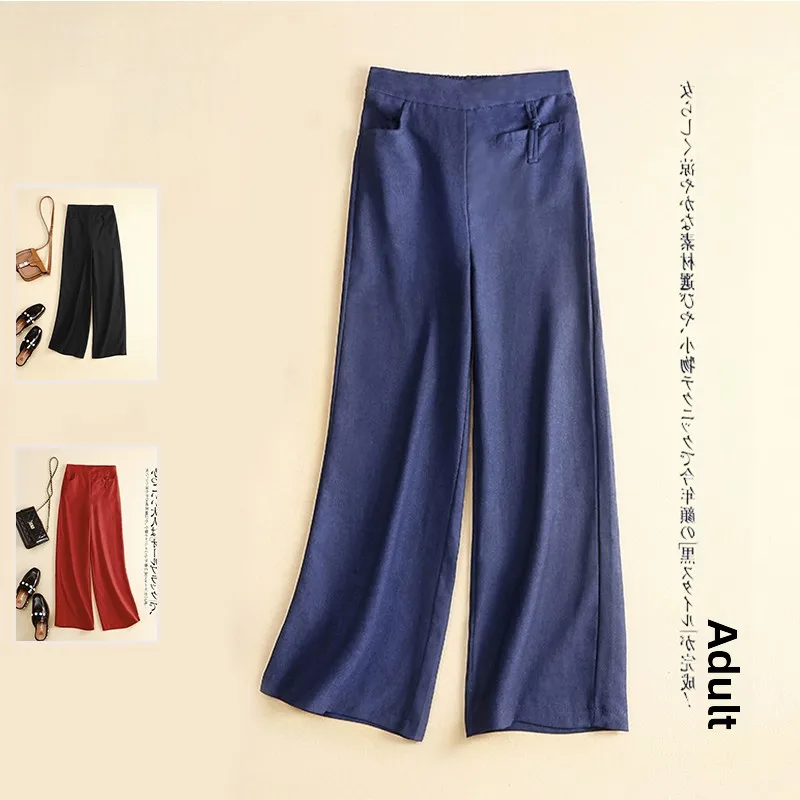 Botão retrô algodão linho cintura alta perna reta calças largas primavera solta emagrecimento drape calças casuais cor de linho L...