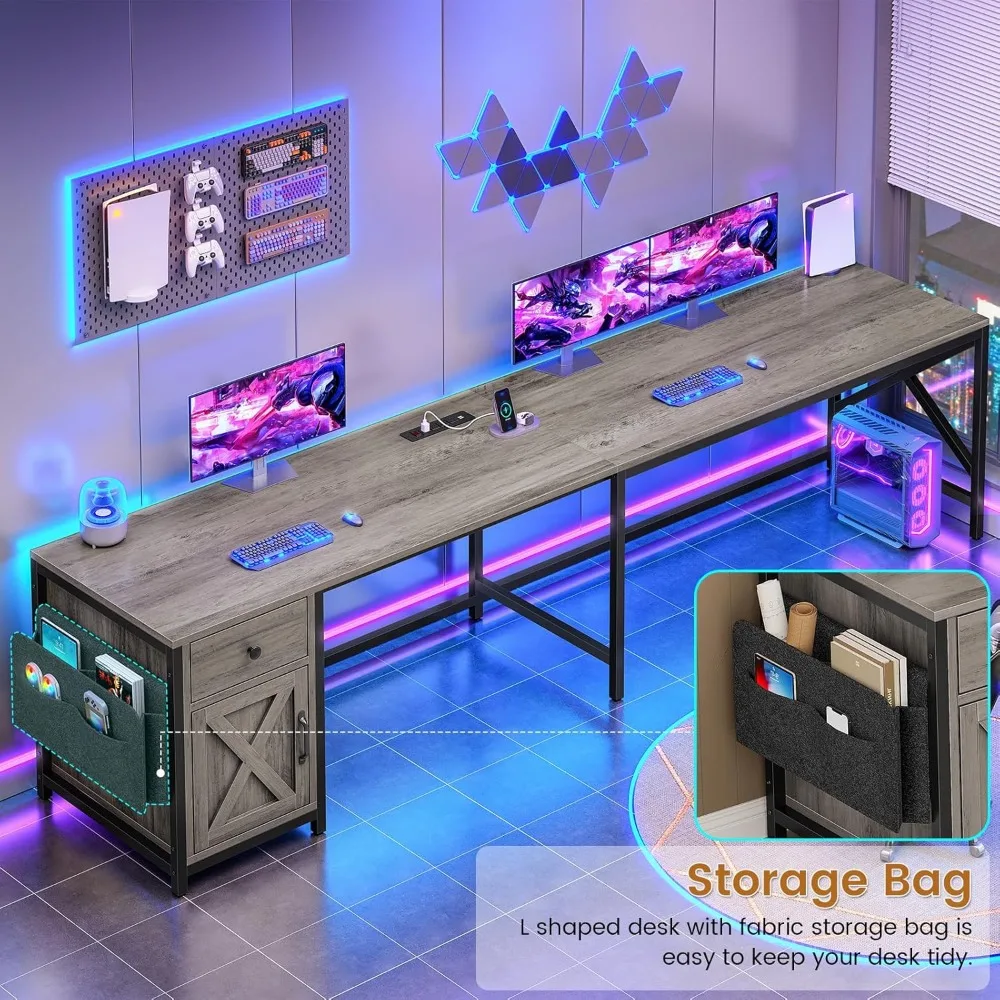 مكتب على شكل حرف L مقاس 63 بوصة على طراز المزرعة مع درج ومخرج طاقة وخزانة تخزين لإعداد مكتب الزاوية