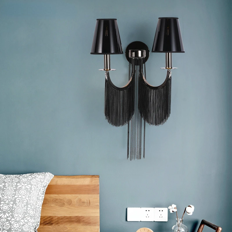 

2024 Modern tassel wall lamp living room wall light with black fringe bedroom wall lighting for kitchen loft bedside sconces