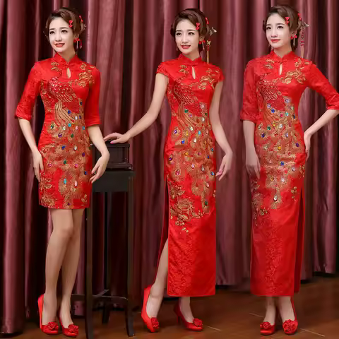 chinese new year women clothes Short long dress red cheongsam qipao wedding dress pluss size woman evening Sequin Dragon Phoenix