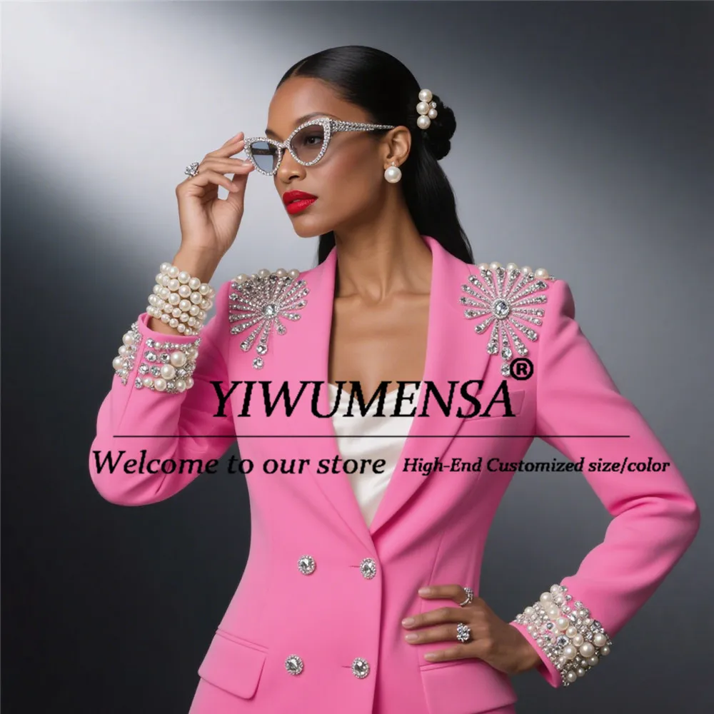 Crystals Beaded Suits Women For Wedding Customized 2 Pieces Double Breasted Jacket Pants Mother Of Bride Dress Lady Party Gowns