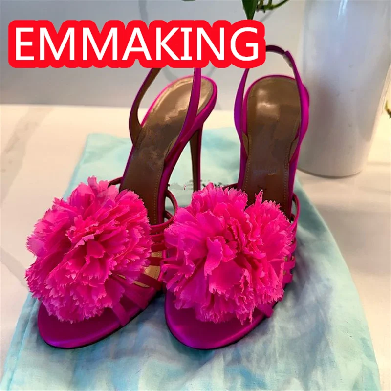 Carnation الأزهار عالية الكعب الصيف النساء الصنادل 2024 ارتفع الأحمر العصابات الضيقة جولة تو المصارع موضة المدرج أحذية السيدات 44