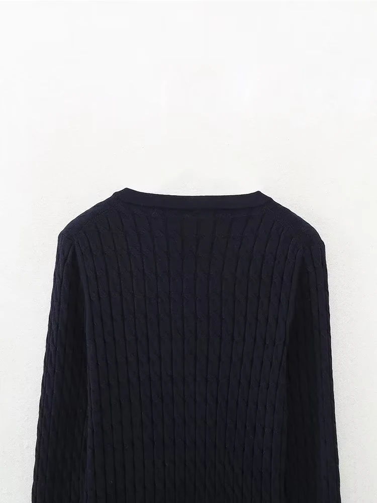 Autumn Women Vintage Navy Blue Long Sleeve V Neck Cable Knit Sweater