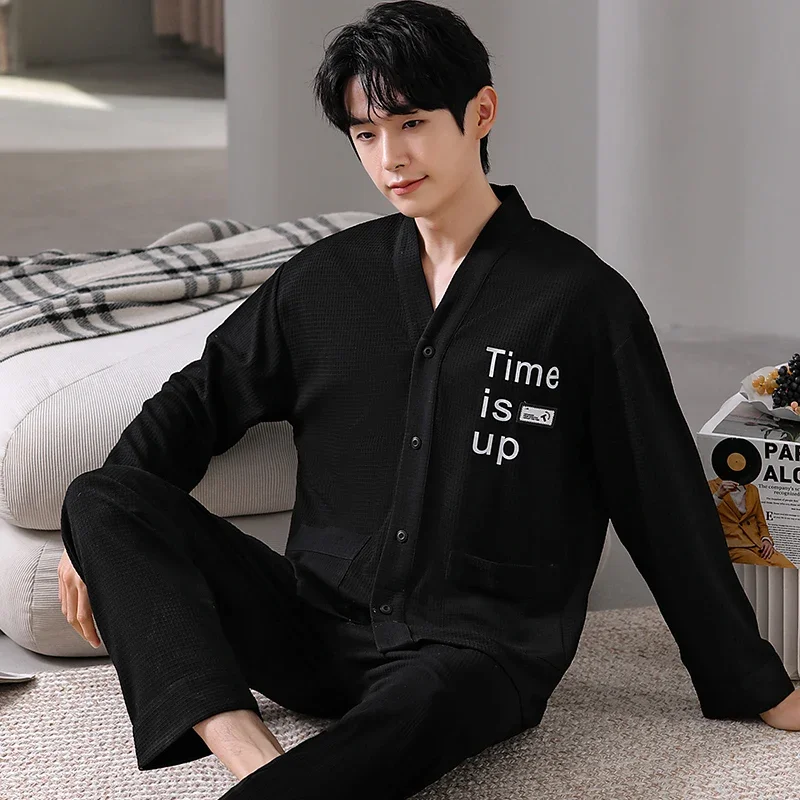 Waffle Pajamas Men's Spring and Autumn 2025 Bew long sleeve Cardigan set boys teen plus 5XL size Kimono Cotton lounge set Hombre