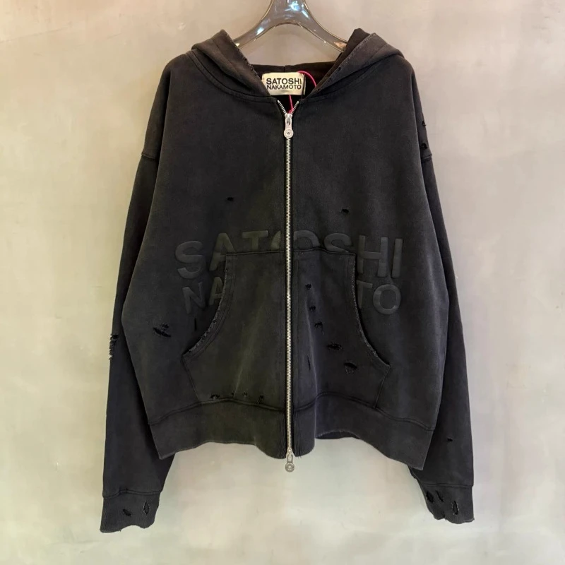 Foam Letter Printing Satoshi Nakamoto Black Sweatshirts Men Women Vintage Washed Distressed Ripped Zip Up Hoodies