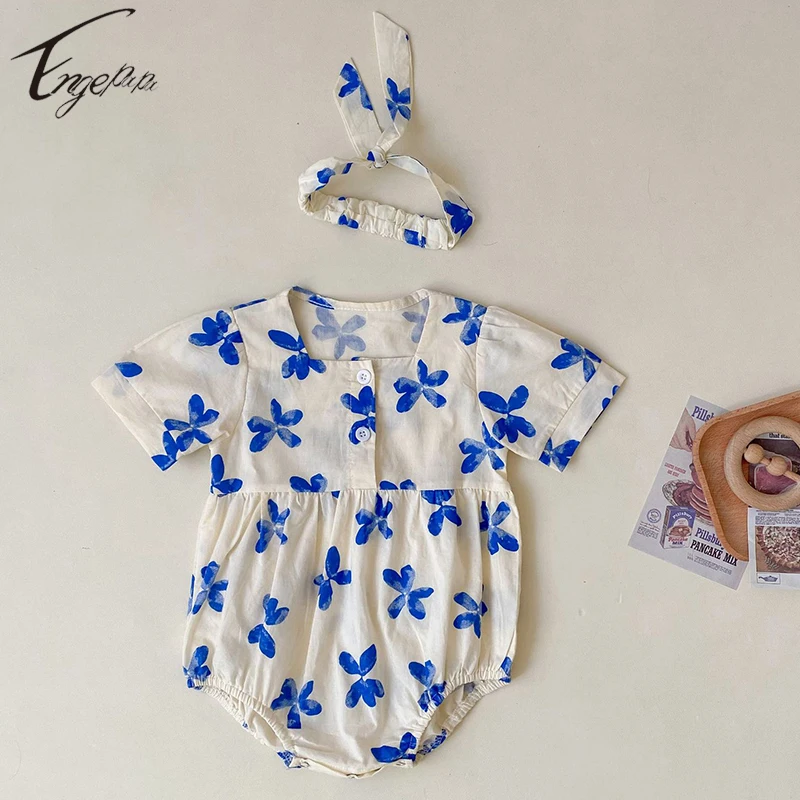 

Printed Infant Baby Girls Short Sleeves Rompers Girls Jumpsuit+Hair Band 2pcs Baby Girls Rompers Summer Girls Rompers Clothes