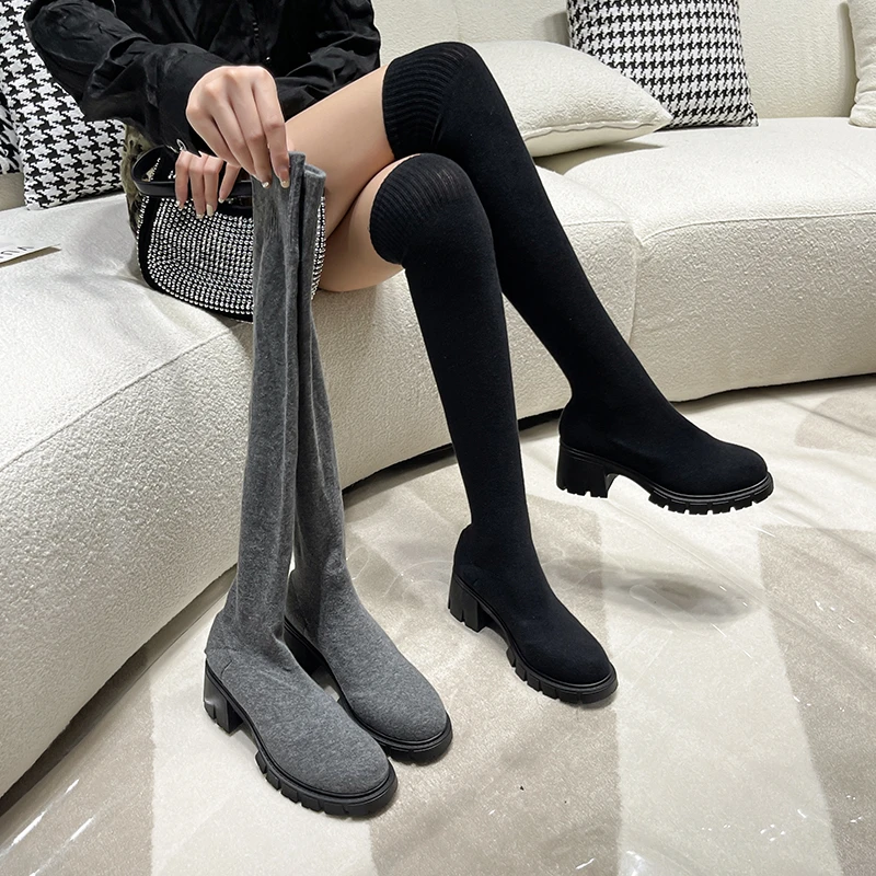 Sexy High Sock Boots Women Winter New Fashion Over The Knee Warm Botas Mujer Suede Lace Up Pumps Shoes High Heels Boots