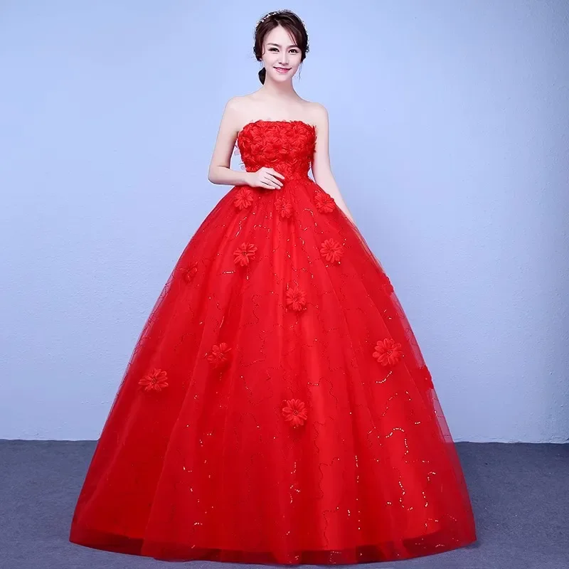 

Cheap Wedding Dress Red Tulle Floral Strapless Pregnant Women Bling Sequin Princess Floor-length Plus size Bride Ball Gown XN094