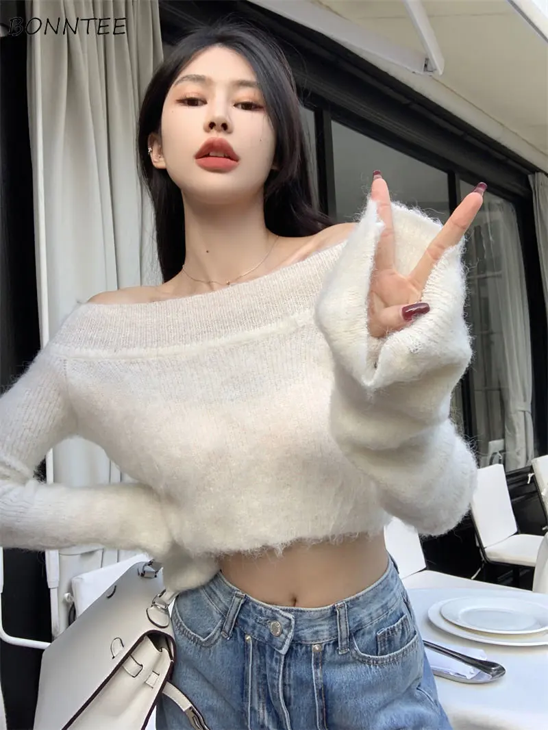 

Sweater Women Pullovers Slash Neck Clothing Harajuku Basic Inner Cropped Knitting Sexy Slim Aesthetic Trendy All-match Prevalent