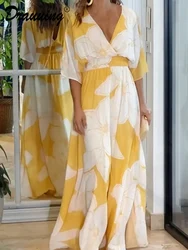 D​rauuing Print Maxi Dress Half Sleeve V Neck Elegant Long Dress Fashion Loose Hem A Line Party Dresses Yellow Print