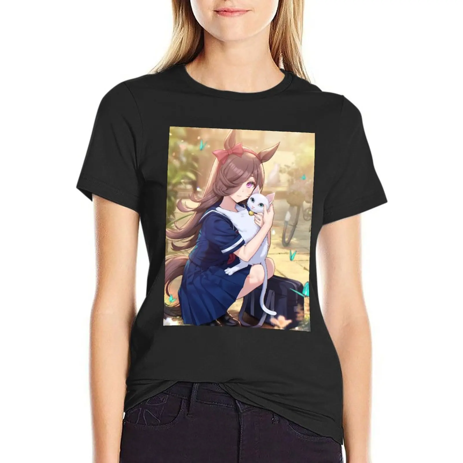 

Rice Shower with Cat T-Shirt anime anime clothes customs animal print funny t shirts for Women