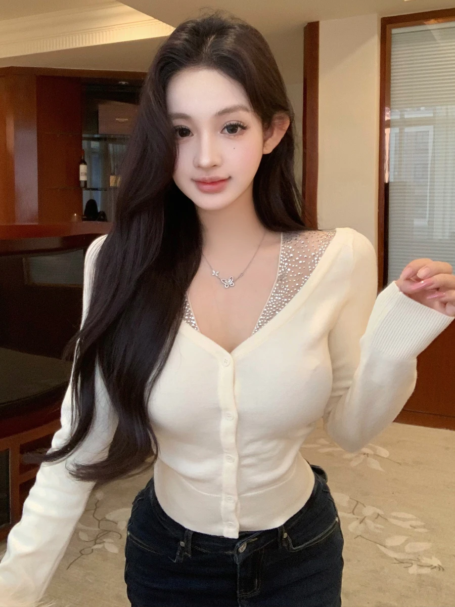 Trendy Pure Desire Sweet Heavy Drill Match All Knitted Sweater Korean Style Gentle Slim Fit Overhead Slimming  Color Top