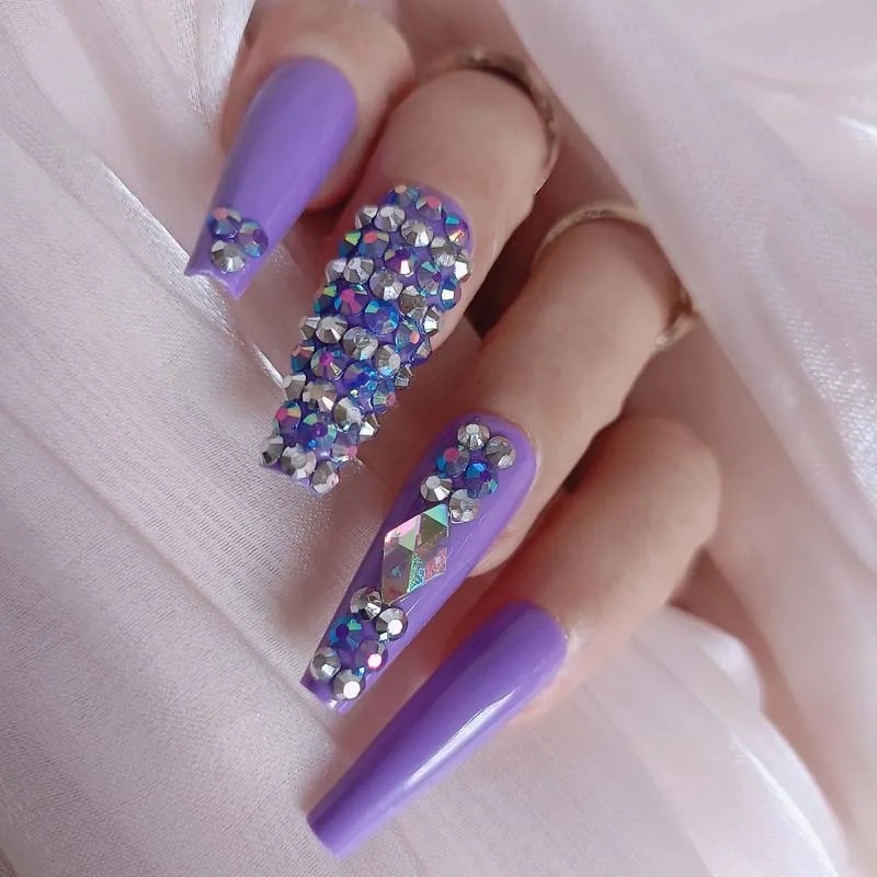 24pcs New luxury jewelry long ballet coffin fake nails crystal diamond purple