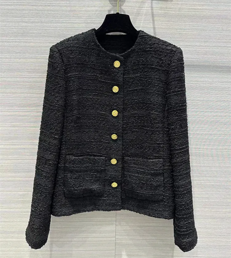 European and American women\'s clothing 2024 autumn new Round neck Long sleeve single breasted black Tweed jacket gold buttons