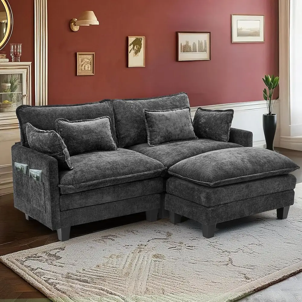 

L-Shaped 77.6 Cloud Couch, 3-Seat Deep Sofa with Ottoman & Pillows, Ideal for Living Spaces, Black