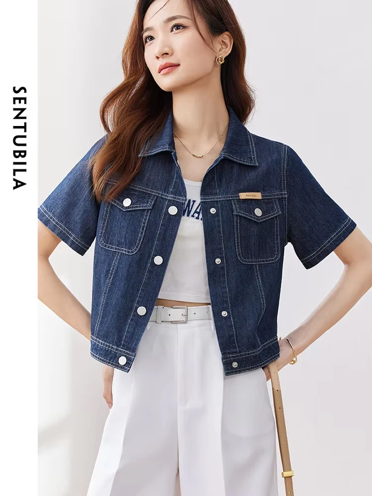 SENTUBILA Crop Denim Jacket for Women 2024 Summer New Short Sleeve Lapel Loose Washed Jean Jacket Short Outwear Tops W32W49665