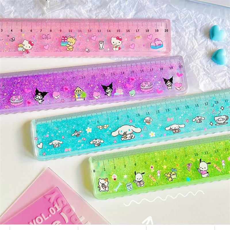 12pcs/lot Sanrio Kuromi Cinnamoroll Kitty Quicksand Ruler Cute Drawing Bookmark Promotional Stationery Gift School Supply