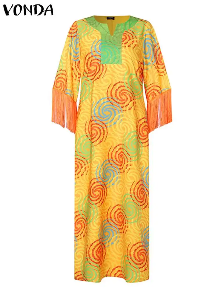 Plus Size 5xl Vonda Vrouwen Bohemian Maxi Jurk 2024 Mode Bedrukt 3/4 Mouw Casual V-Hals Losse Vintage Vestidos