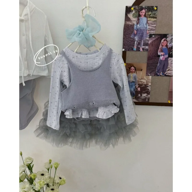 

Korean girls' outfit2026Spring sweet and stylish vest, long-sleeved children's fairy-style tulle dress three-piece set