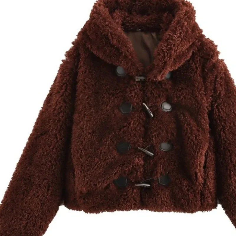 معطف قصير نسائي أوروبي وأمريكي باللون العنابي للشتاء، فرو صناعي سميك، فرو نسائي مريح، لطيف